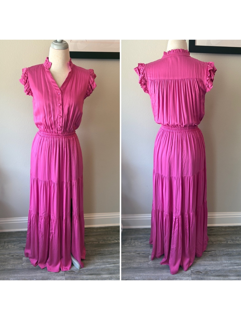 BTFL-Life Hot Pink Fuchsia Ruffle Tiered Maxi Dress Size Small w/ Pockets